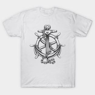 Anchor and ships wheel tattoo in engraving style T-Shirt